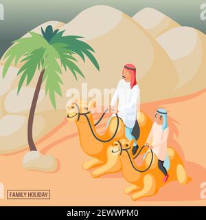 Famiglia araba cavalcare cammelli in deserto sfondo isometrico vettore 3d illustrazione Illustrazione Vettoriale