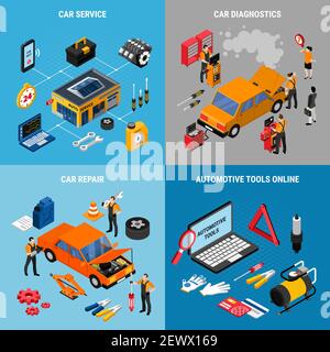 Icone relative al concetto di manutenzione e assistenza per auto impostate con simboli di riparazione illustrazione vettoriale isometrica isolata Illustrazione Vettoriale