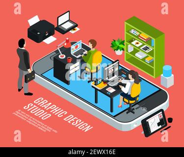 Artisti che lavorano allo studio di grafica Isometric Colorful Concept 3d illustrazione vettoriale Illustrazione Vettoriale