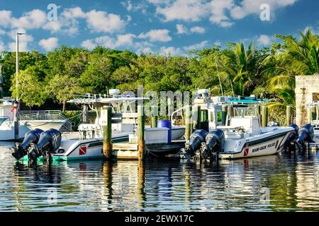 Le barche di polizia di Miami-Dade si allacciano al porticciolo di Matheson Hammock Park a Miami, Florida. Foto Stock