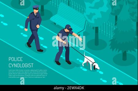 Polizia cinologo speciale passi tracking cane formazione aiutare ispettori detective in indagine sul crimine vettore di composizione isometrica illustrat Illustrazione Vettoriale