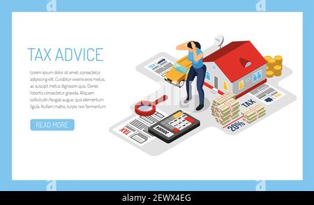 Consulenza fiscale personale online concetto di servizio isometrico web page design con l'illustrazione del vettore di dichiarazione di reddito di proprietà del proprietario di abitazione Illustrazione Vettoriale