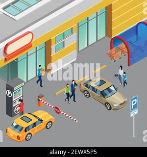 Composizione isometrica colorata con distributore automatico nella zona di parcheggio vicino illustrazione vettoriale 3d del centro commerciale Illustrazione Vettoriale