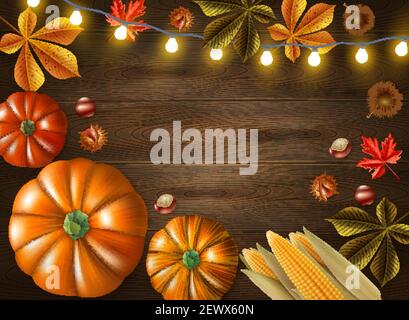 Giorno di ringraziamento cornice colorata con zucche e luci di diverse dimensioni su sfondo di legno illustrazione vettoriale Illustrazione Vettoriale