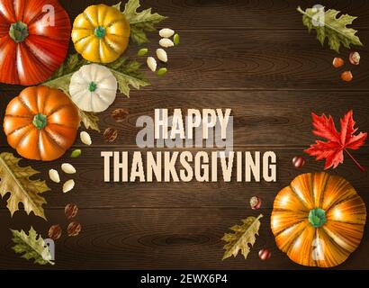 Poster multicolore del giorno del ringraziamento con un grande titolo di ringraziamento felice su illustrazione vettoriale di sfondo in legno Illustrazione Vettoriale