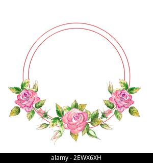 La cornice geometrica è decorata con fiori. Rose rosa, foglie verdi, fiori aperti e chiusi. Delicata illustrazione dell'acquerello Foto Stock