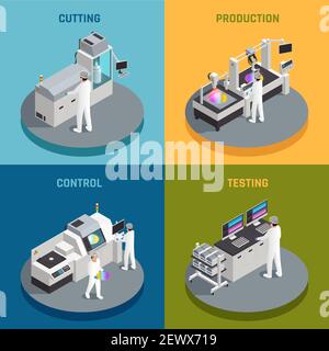 Progettazione isometrica 2x2 per la produzione di chip semiconduttori con rappresentazione delle immagini diversi stadi di chip di silicio fabbricazione vettore illustratio Illustrazione Vettoriale