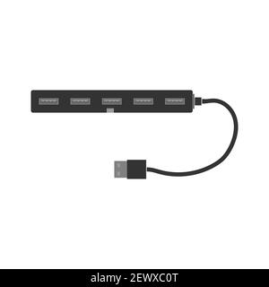 Un semplice hub USB rettangolare con una fila di connettori USB. Uno splitter per un computer o un computer portatile. Illustrazione vettoriale piatta Illustrazione Vettoriale