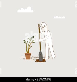 Uomo scavando buco nel terreno utilizzando pala, preparando terreno per piantare l'albero, piccolo albero nel vaso dal suo lato. Illustrazione Vettoriale