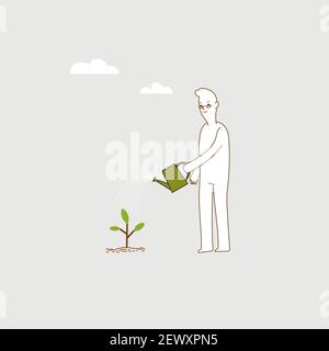 Illustrazione vettoriale minima dell'uomo anziano che annaffia una pianta usando la lattina di annaffiatura. Vita dopo il concetto di pensionamento, soggiorno a casa. Illustrazione Vettoriale