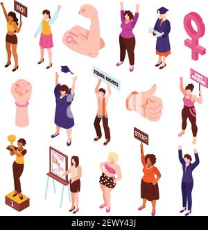 Set di feminismo isometrico di pugni isolati e personaggi femminili protestare e decapare per un'illustrazione vettoriale con diritti uguali Illustrazione Vettoriale