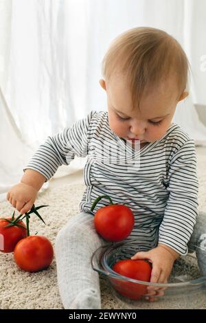 Cute baby girl sono seduti con pomodoro bianco sfondo interno. Il bambino divertente esplora le verdure Foto Stock