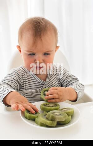 Cute baby girl sono seduti con interno di sfondo bianco kiwi. Il bambino divertente esplora la frutta Foto Stock