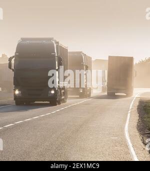 La colonna dei carrelli si sposta su una strada. Foto Stock