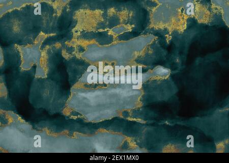 Marmorea astratta verde acquerello o sfondo di marmo liquido e fortuna oro Foto Stock