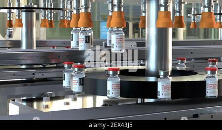 Ispezione e controllo dei vaccini sulla linea di produzione all'indirizzo Moderna Foto Stock