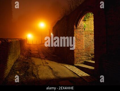 Harrow sul sentiero Hill di notte con nebbia e luci di strada calde, Inghilterra Foto Stock