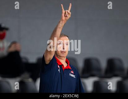 Podgorica, Montenegro. 20 febbraio 2021. Vincent Collet gesti. Credit: Nikola Krstic/Alamy Live News Foto Stock