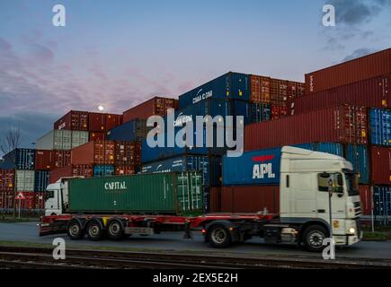 Carico di container nel porto di Duisburg, Logport, DIT, terminal intermodale di Duisburg, Duisburg-Rheinhausen, NRW, Germania, Foto Stock