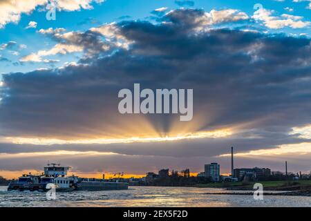 Nave da carico sul Reno tra Duisburg e Krefeld, tramonto drammatico, NRW, Germania, Foto Stock