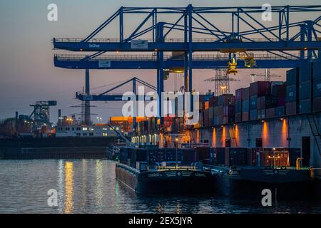 Bacino portuale, gru a portale nel centro di trasbordo container, terminal container trimodale, nel Logport di Duisburg-Rheinhausen, nave da carico, D Foto Stock