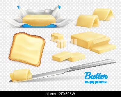 Bastoncini di burro e fette realisticamente isolate su sfondo trasparente illustrazione vettoriale Illustrazione Vettoriale