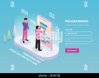 Composizione isometrica di programmazione freelance con due programmatori sul lavoro e. illustrazione vettoriale delle righe della password di accesso Illustrazione Vettoriale
