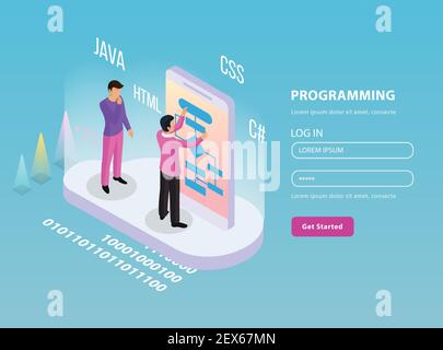 Composizione isometrica di programmazione freelance con due programmatori sul lavoro e. illustrazione vettoriale delle righe della password di accesso Illustrazione Vettoriale