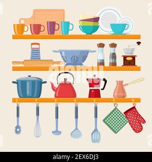 Ripiani da cucina con stoviglie Illustrazione Vettoriale