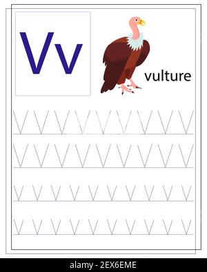 Avvoltoio. Un foglio di lavoro per bambini con lettere per imparare l'alfabeto inglese. Formazione sulla scrittura a mano. Sviluppo di abilità di scrittura e lettura nel bambino Illustrazione Vettoriale