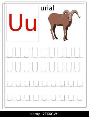 Urial. Un foglio di lavoro per bambini con lettere per imparare l'alfabeto inglese. Formazione sulla scrittura a mano. Illustrazione Vettoriale