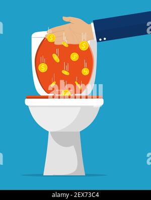 Imprenditore mettendo mano le fatture del dollaro nella toilette. Illustrazione Vettoriale