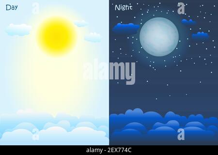 Giorno e notte. Sfondo del cielo con sole, nuvole, luna e stelle per le previsioni del tempo. Schermata dell'app Weather, design dell'interfaccia mobile. Illustrazione vettoriale Illustrazione Vettoriale
