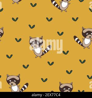 Pattern vettoriale senza giunture con raccoon su sfondo giallo. Semplice disegno della carta da parati animale per i bambini. Carino gatto moda tessile. Illustrazione Vettoriale