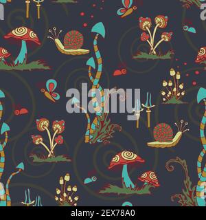 Modello vettoriale senza cuciture con funghi cartoni animati e lumache su sfondo blu scuro. Fantasy foresta di carta da parati design con folle fauna selvatica. Illustrazione Vettoriale