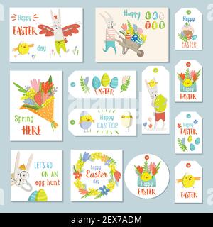 Set di illustrazioni molla. Carte di Pasqua, etichette regalo ed etichette. Bouquet con fiori, coniglietti pasquali e auguri per un Buona Pasqua. Carino e moderno vetto Illustrazione Vettoriale
