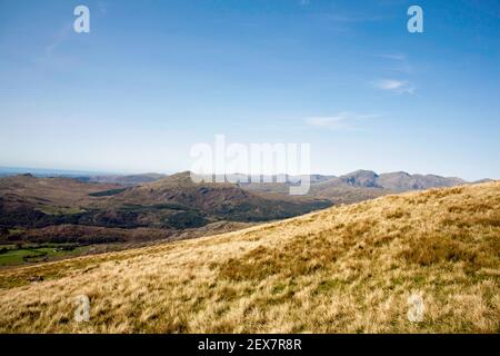 Grey Friar Scafell Pike e Scafell vista dalla cima Di Dow Crag Coniston Lake District Cumbria Inghilterra Foto Stock