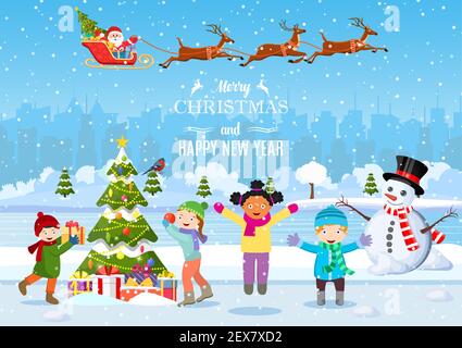 Bambini che costruiscono pupazzo di neve. Illustrazione Vettoriale