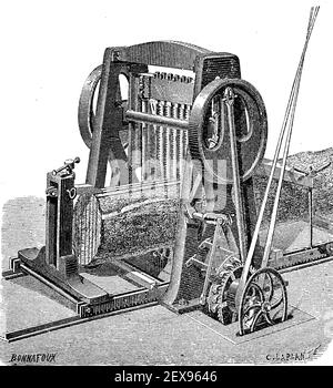 Una banda ha visto dall'anno 1880, segheria, lavorazione del legno / eine Gattersäge aus dem Jahre 1880, Sägewerk, Holzbebeitung, Historisch, storico, Riproduzione digitale migliorata di un originale del 19 ° secolo / digitale Reproduktion einer Originalvollage aus dem 19. Jahrhundert, Foto Stock