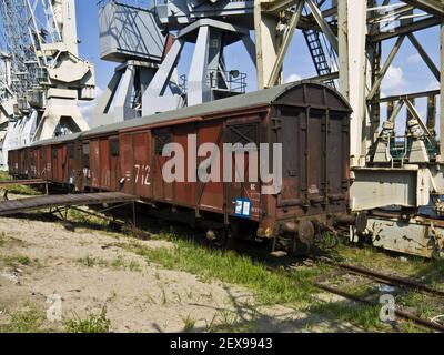 Ferrovia storica del porto presso il museo del porto di Amburgo Foto Stock