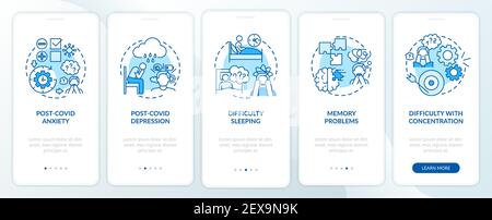Sindrome post-covid e salute mentale onboarding schermata della pagina dell'app mobile con i concetti Illustrazione Vettoriale