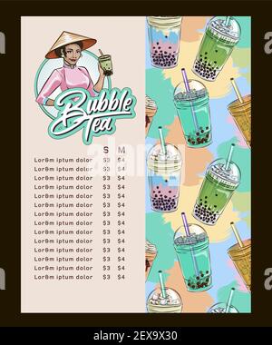 Menu del tè delle bolle, tè alla perla della tapioca vietnamita, tè con gelatina di frutta frullato, bevanda, versamento, succo di boba e molto altro. Illustrazione Vettoriale