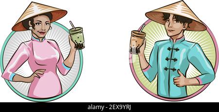 Menu del tè delle bolle, tè alla perla della tapioca vietnamita, tè con gelatina di frutta frullato, bevanda, versamento, succo di boba e molto altro. Illustrazione Vettoriale