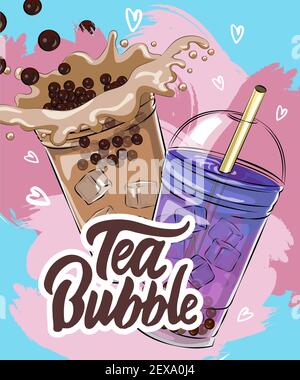 Menu del tè delle bolle, tè alla perla della tapioca vietnamita, tè con gelatina di frutta frullato, bevanda, versamento, succo di boba e molto altro. Illustrazione Vettoriale
