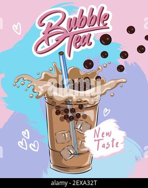 Menu del tè delle bolle, tè alla perla della tapioca vietnamita, tè con gelatina di frutta frullato, bevanda, versamento, succo di boba e molto altro. Illustrazione Vettoriale
