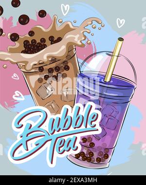 Menu del tè delle bolle, tè alla perla della tapioca vietnamita, tè con gelatina di frutta frullato, bevanda, versamento, succo di boba e molto altro. Illustrazione Vettoriale