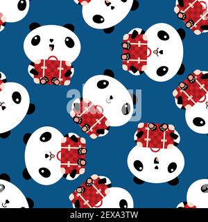 Carino panda Kawaii tenendo scacchi valigie senza cuciture vettore pattern sfondo. Gli orsi dei cartoni animati seduti con i bagagli di viaggio con assegno rosso sui loro giri Illustrazione Vettoriale