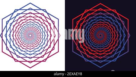 Elementi geometrici del vortice a spirale Set di 2 elementi in rosso, blu, viola su sfondo bianco e nero Illustrazione Vettoriale
