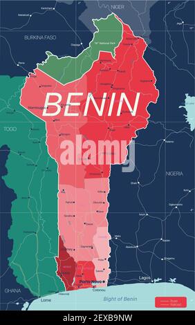 Benin paese Mappa dettagliata modificabile con regioni città e città, strade e ferrovie, siti geografici. File vettoriale EPS-10 Illustrazione Vettoriale