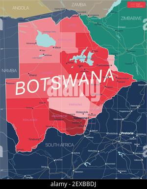 Paese del Botswana Mappa dettagliata modificabile con regioni città e città, strade e ferrovie, siti geografici. File vettoriale EPS-10 Illustrazione Vettoriale